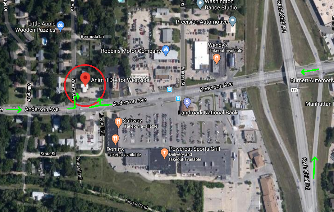 The green arrows represent the route to take to access our parking lot. We have two main entrances to our parking lot as shown.